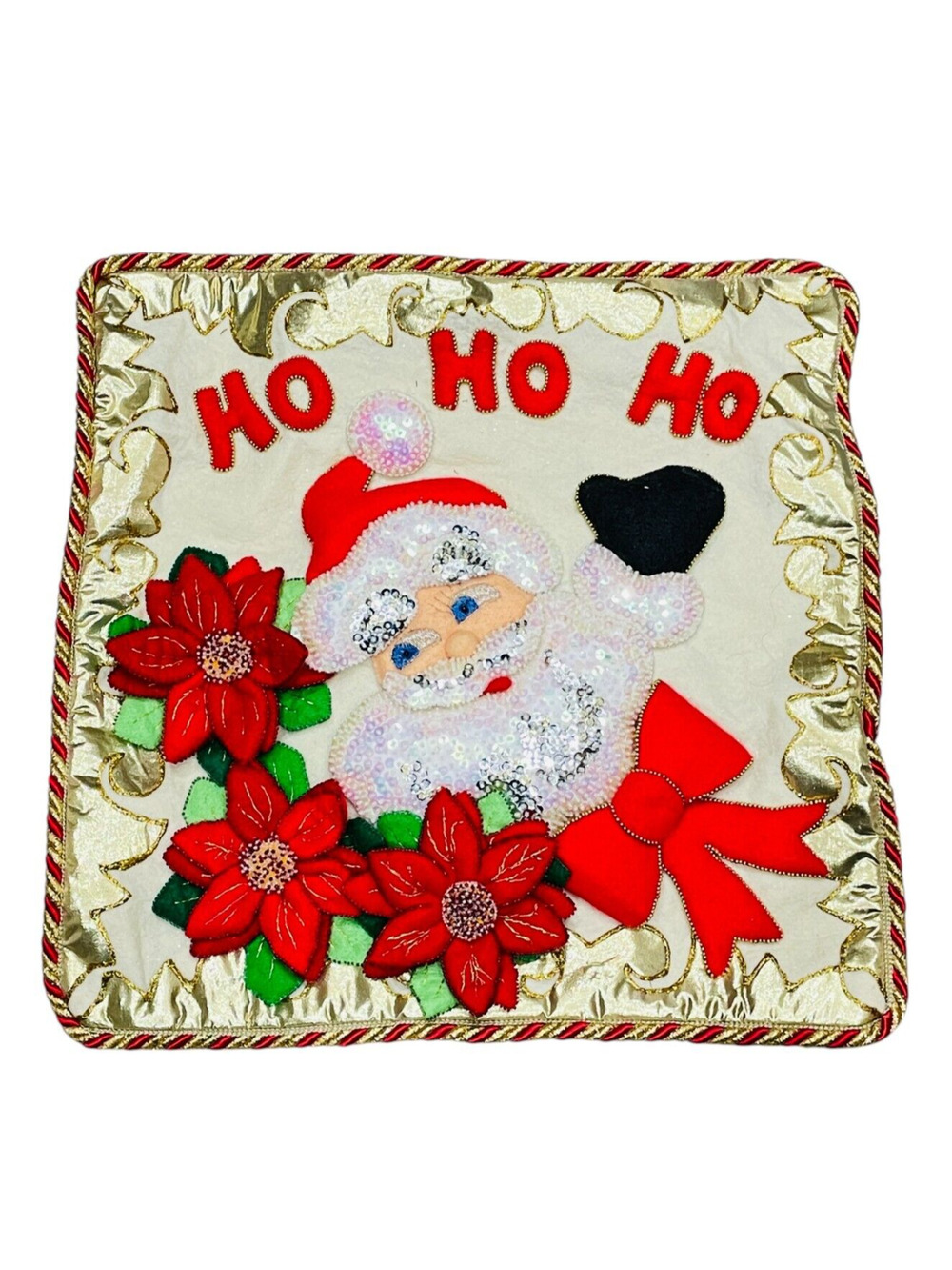 Vtg Ho Ho Ho Embroidered Sequin Santa Claus Pillow Case Handmade Festive